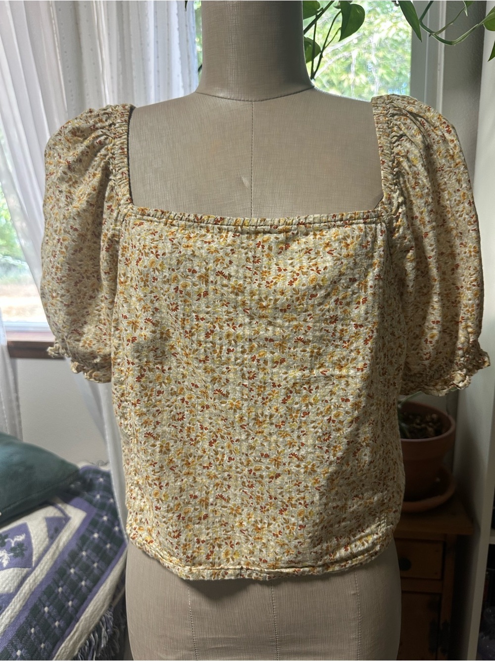Madewell Cream Floral Puff Sleeve Square Neck Blouse